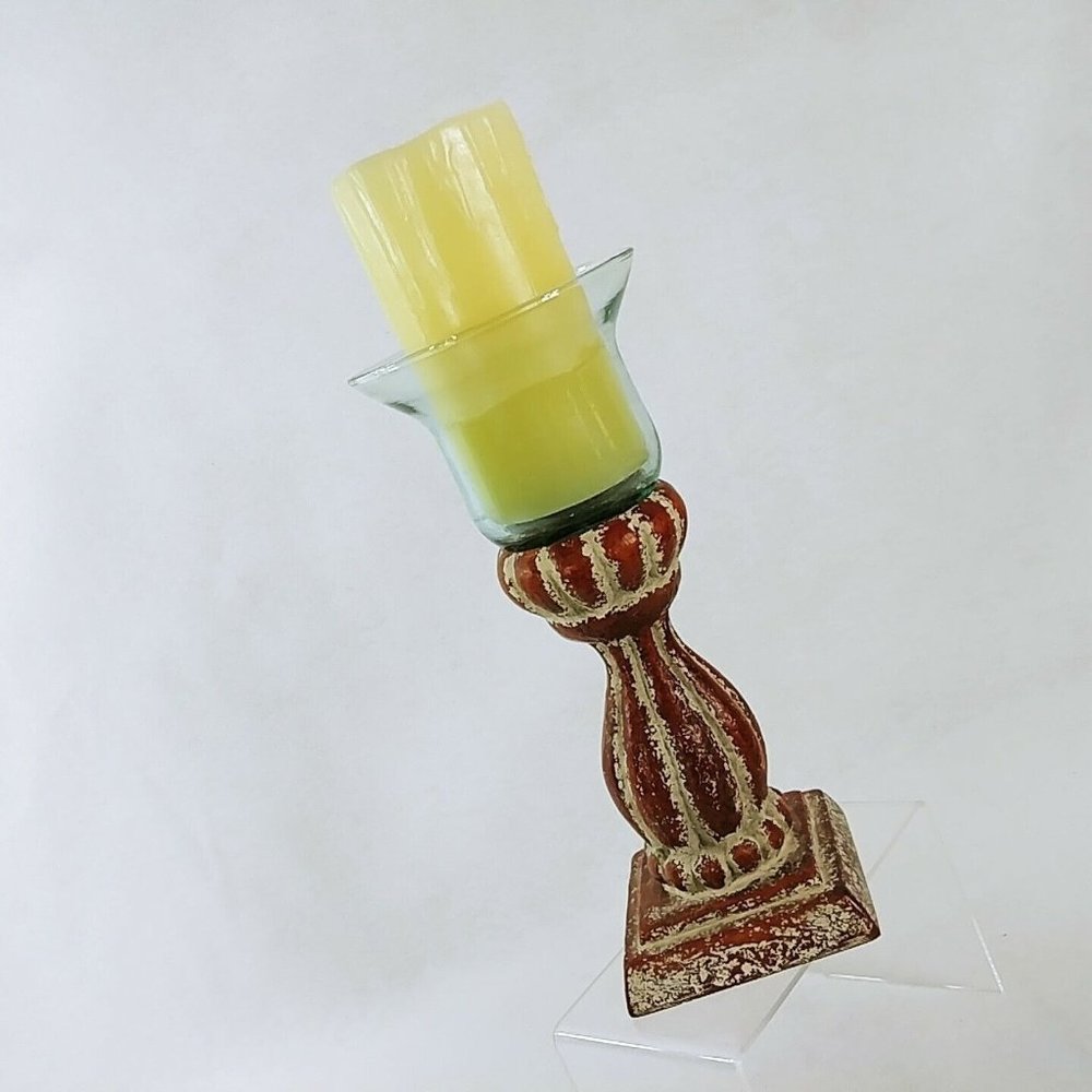 Candle Holder Distressed Faux Finish Glass Holder Farmhouse Shabby Chic Decor